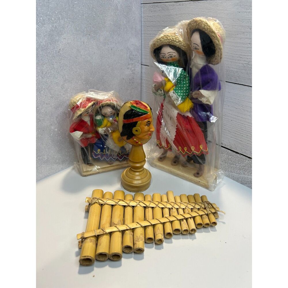 Andean Folk Art Doll Figurines & Pan Flute Souvenir Lot Ecuador Handmade Style